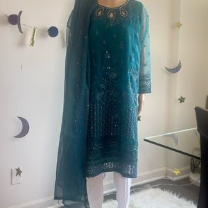 Cross Stitch Embroidered Green Organza Shalwar Kameez Fancy Party Wear Women